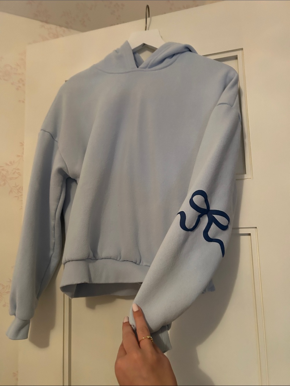 Edikted Pastel Blue Hoodie with Navy Sleeve Bow